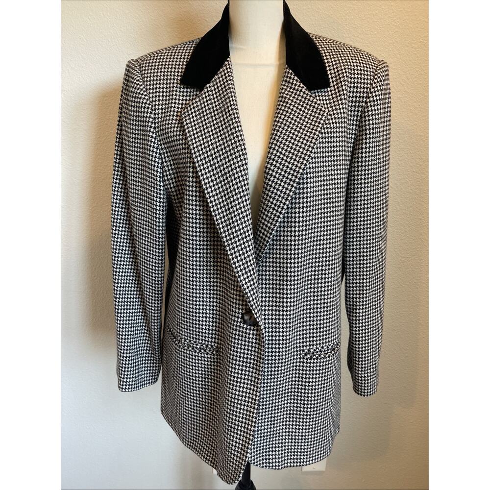 Vintage Sag Harbor White Black Houndstooth Wool Blend Blazer Velour Collar Sz 14